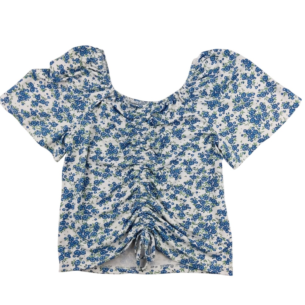 No Boundaries Top Women Small Blue Floral Ruched Drawstring Front Crop Blouse